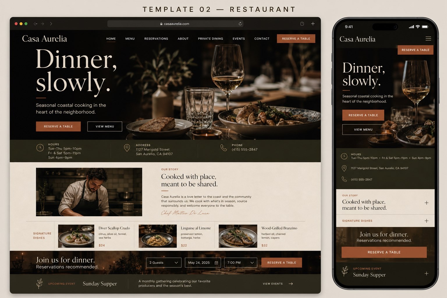 Desktop and mobile restaurant website concept for Casa Aurelia